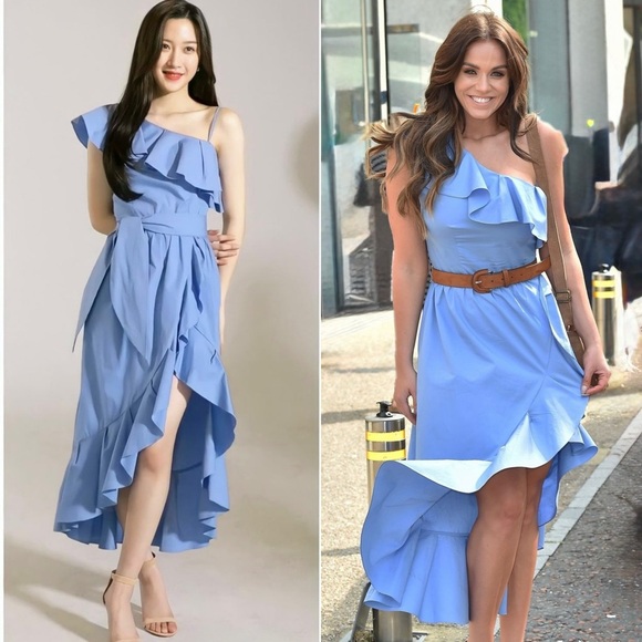 NWT SANDRO Cotton Poplin Sleeveless One Shoulder Ruffle Trim Faux Wrap Dress L - Picture 2 of 9